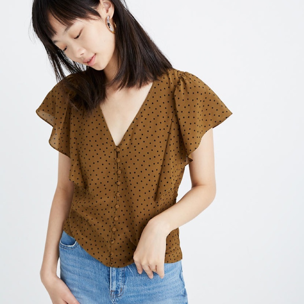 Madewell Silk Flutter-Sleeve Top in Polka Dot